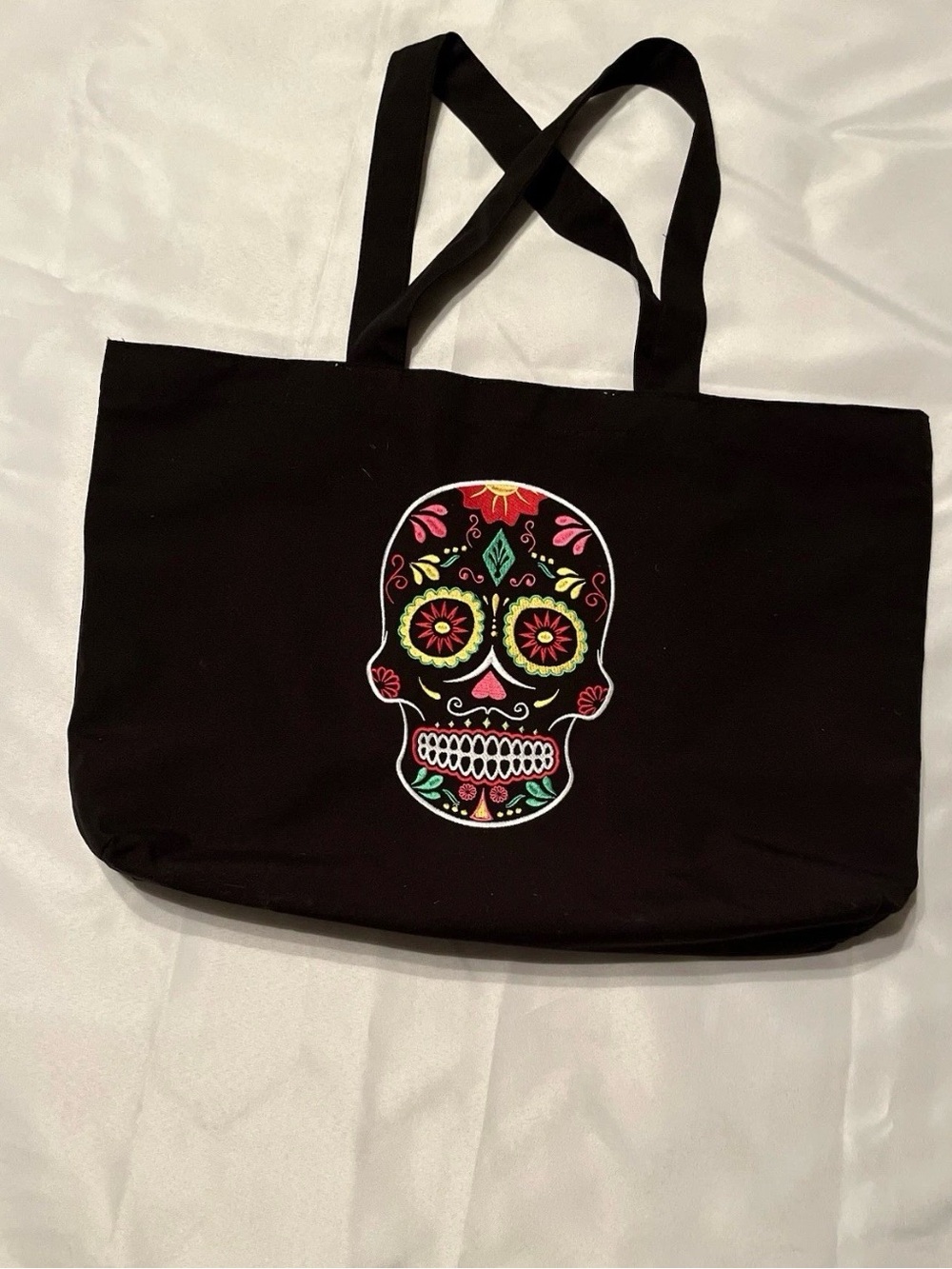 Black Tote Bag with Colorful Sugar Skull Design Handmade in Mexico